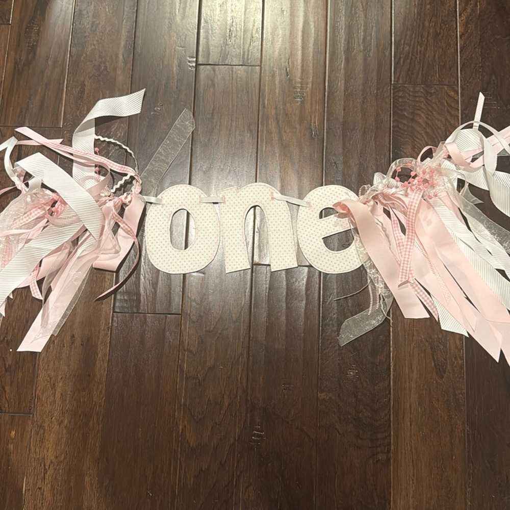 Pink and white One birthday banner
